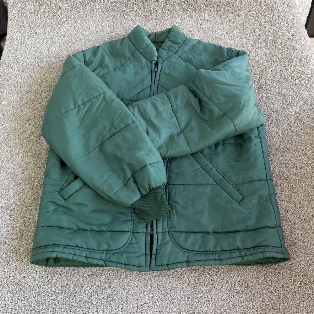 Vintage Sears Jacket Mens Large Green Nylon Puffer Full Zip Lined Quilted Winter